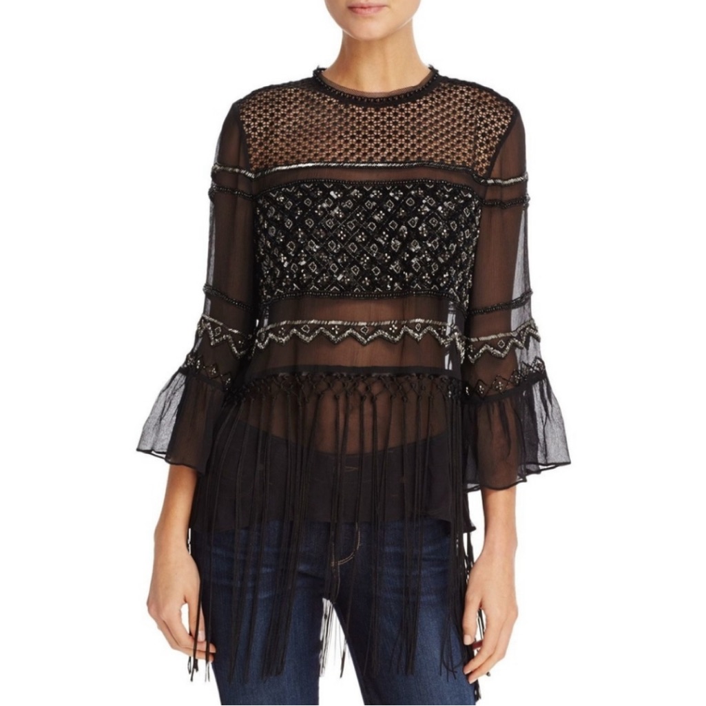 Elie Tahari Black Label Aislin Sheer Beaded Top With Fringe Small 0 Nwot